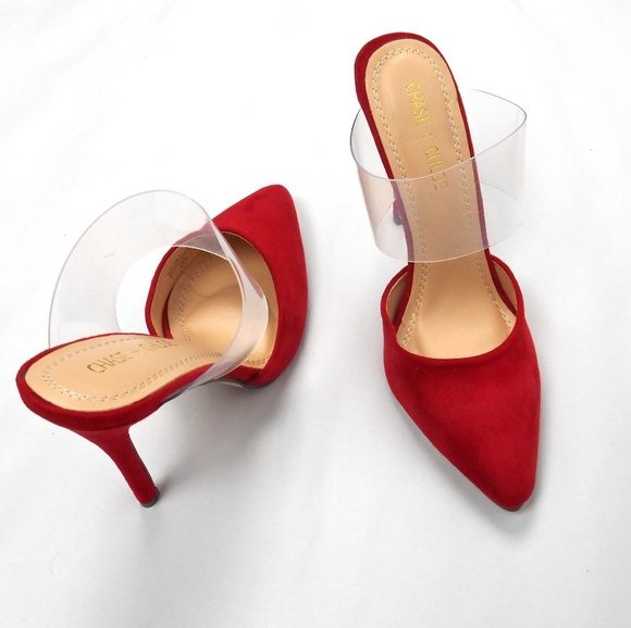 New Red Pointed Toe Lucite Heels - Picture 3 of 7